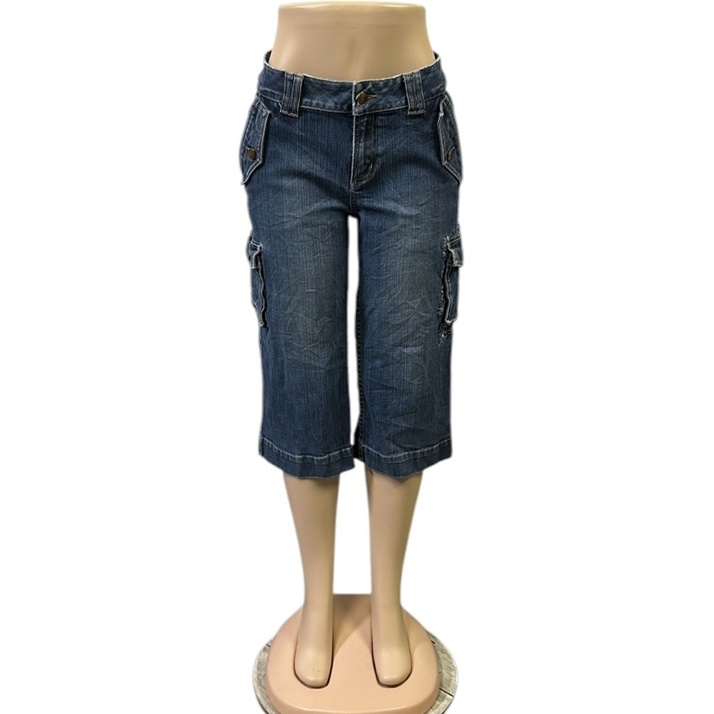 Bob Timberlake Denim Embroidered Wide Leg Cargo Denim Capri Blue Jeans Womens 10